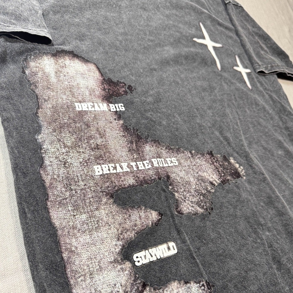 Mens Acid Wash Cross Graphic Tee Faded Black Boxy Fit Streetwear Small Christian